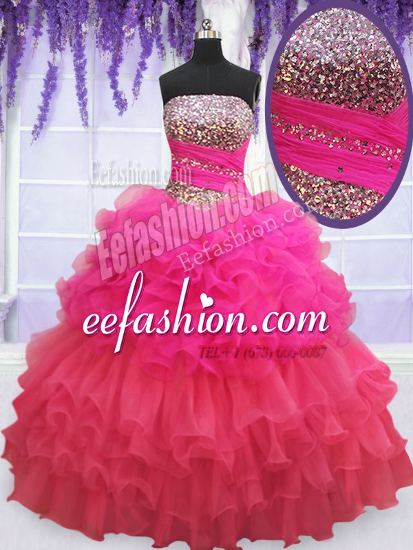 Fabulous Sequins Ruffled Multi-color Sleeveless Organza Lace Up 15 Quinceanera Dress for Military Ball and Sweet 16 and Quinceanera