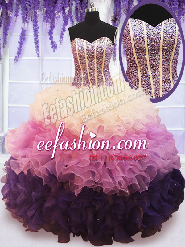 Fine Organza Sweetheart Sleeveless Lace Up Beading and Ruffled Layers Sweet 16 Dress in Multi-color