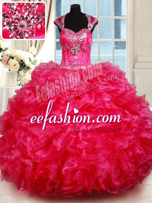  Floor Length Ball Gowns Cap Sleeves Hot Pink Sweet 16 Dress Backless