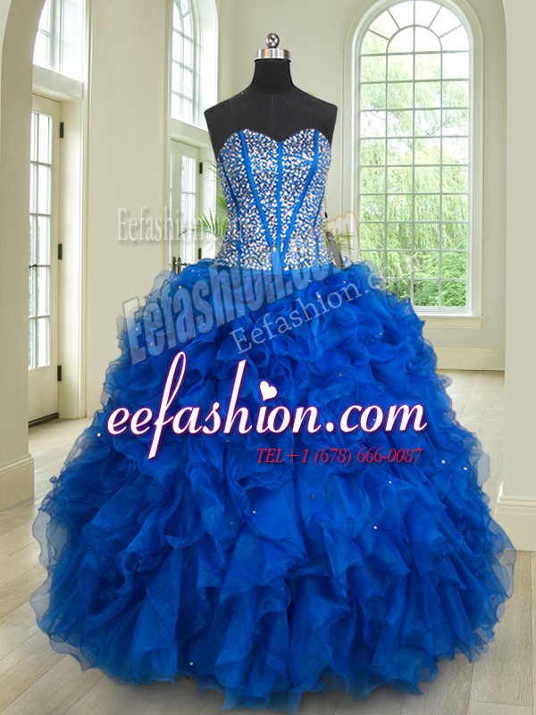 Custom Design Sleeveless Floor Length Beading and Ruffles Lace Up Quinceanera Dress with Royal Blue