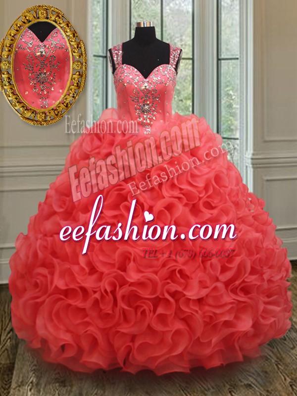 Chic Ball Gowns Sweet 16 Dress Coral Red Straps Organza Sleeveless Floor Length Zipper