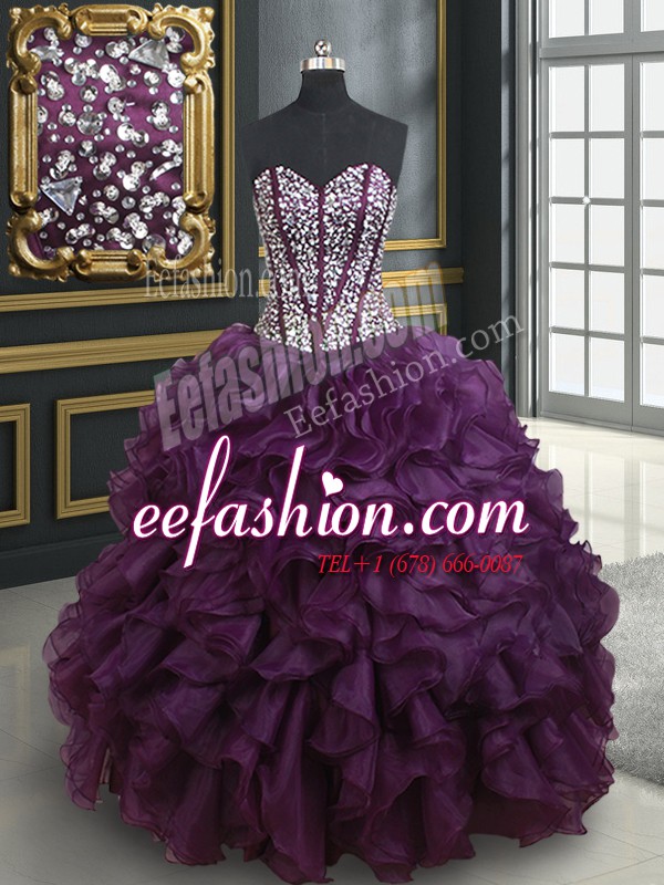  Dark Purple Ball Gowns Organza Sweetheart Sleeveless Beading and Ruffles Floor Length Lace Up Sweet 16 Quinceanera Dress