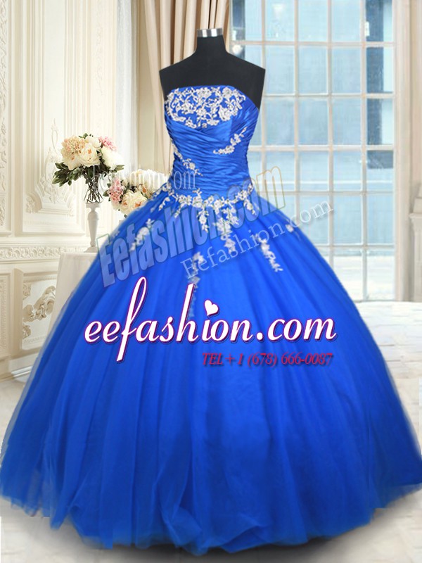  Strapless Sleeveless Lace Up Sweet 16 Dresses Blue Tulle