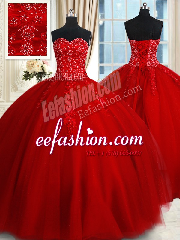  Beading and Appliques Quince Ball Gowns Red Lace Up Sleeveless Floor Length