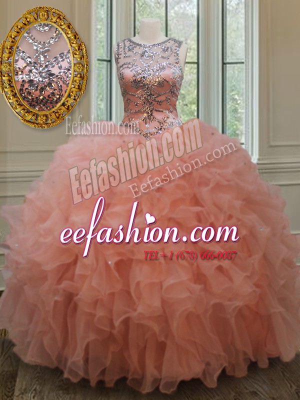  See Through Peach Quinceanera Gown Military Ball and Sweet 16 and Quinceanera and For with Beading and Ruffles Scoop Sleeveless Lace Up