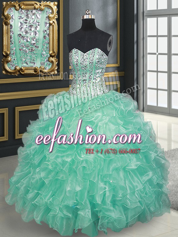 Luxurious Apple Green Organza Lace Up Sweetheart Sleeveless Floor Length Quinceanera Gown Beading and Ruffles