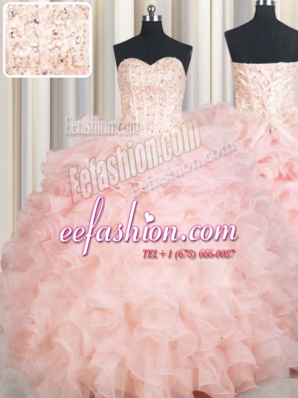 Traditional Baby Pink Ball Gowns Sweetheart Sleeveless Organza Floor Length Lace Up Beading and Ruffles Quinceanera Gown