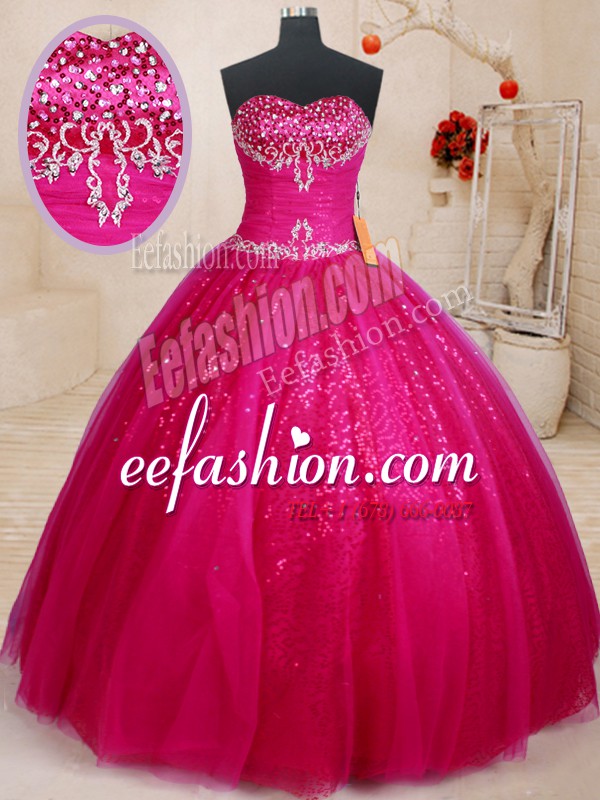 Admirable Sequins Fuchsia Sleeveless Tulle Lace Up 15th Birthday Dress for Military Ball and Sweet 16 and Quinceanera