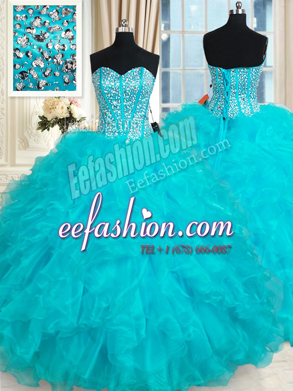  Sleeveless Organza Floor Length Lace Up Sweet 16 Dress in Aqua Blue with Beading and Ruffles
