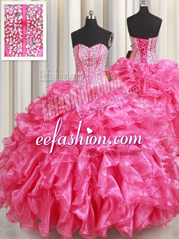 Sophisticated Beading and Ruffles Quince Ball Gowns Hot Pink Lace Up Sleeveless Floor Length