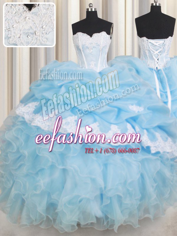  Organza Sweetheart Sleeveless Lace Up Beading and Lace and Ruffles and Pick Ups Quince Ball Gowns in Light Blue