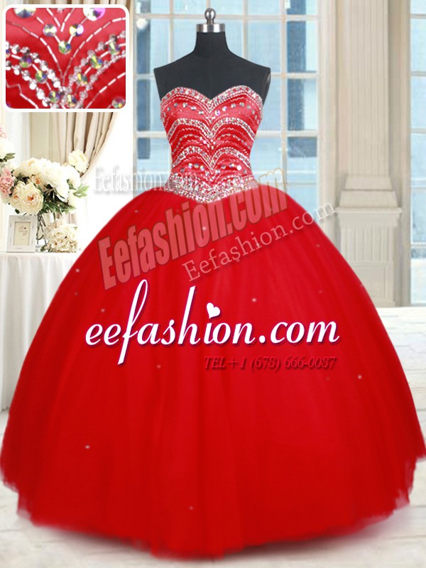 Ideal Floor Length Red Sweet 16 Quinceanera Dress Sweetheart Sleeveless Lace Up