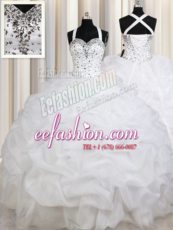 Edgy White Ball Gowns Straps Sleeveless Organza Floor Length Lace Up Beading and Ruffles and Pick Ups Sweet 16 Dresses