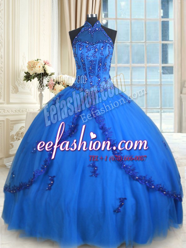 Charming Halter Top See Through Floor Length Lace Up Quinceanera Gowns Blue for Military Ball and Sweet 16 and Quinceanera with Beading and Appliques
