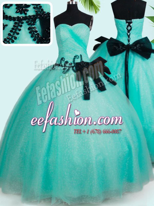 Custom Designed Tulle Sweetheart Sleeveless Lace Up Beading and Bowknot Sweet 16 Quinceanera Dress in Turquoise