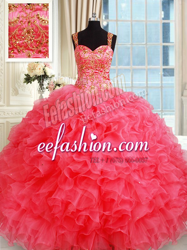 Shining Straps Sleeveless Organza Quinceanera Dresses Beading and Ruffles Lace Up