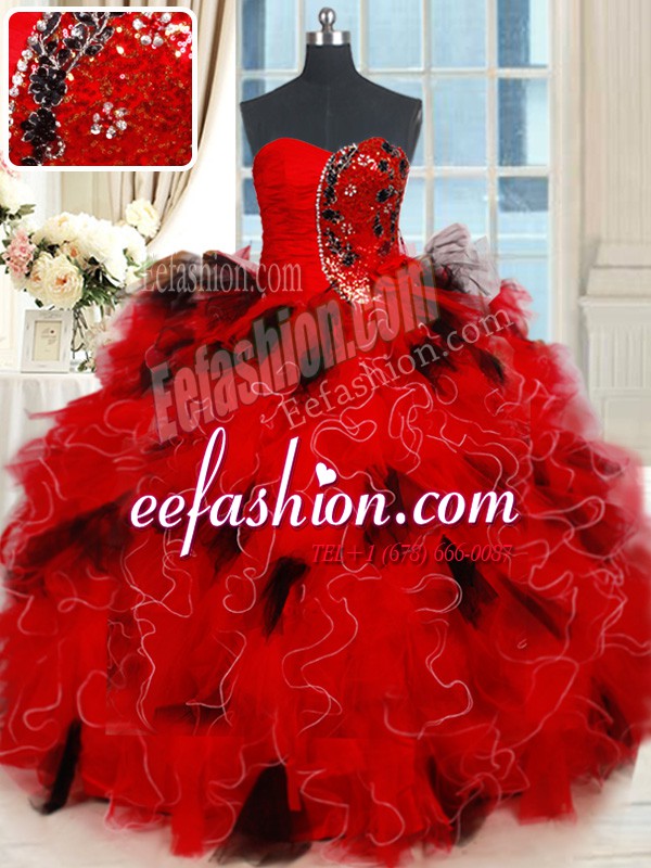 Black and Red Sleeveless Floor Length Beading and Ruffles and Sequins Lace Up Ball Gown Prom Dress