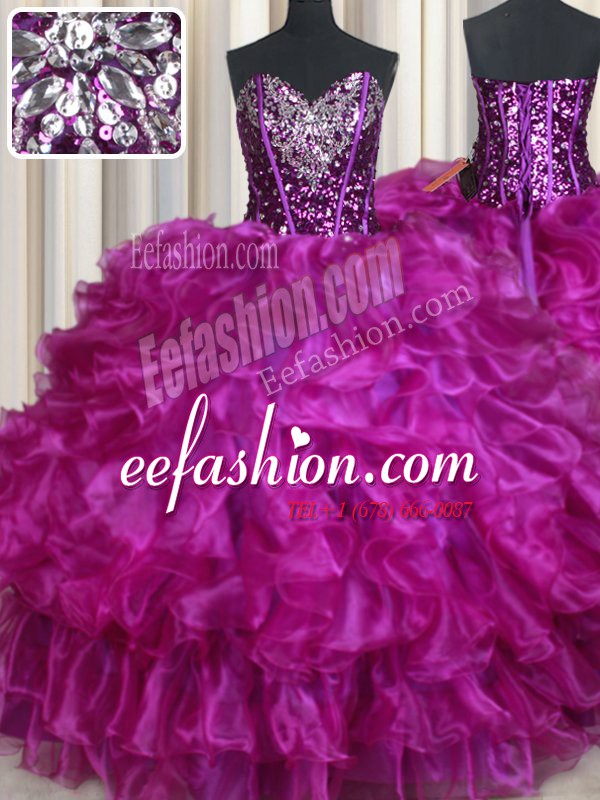  Sleeveless Organza Floor Length Lace Up Quince Ball Gowns in Purple with Beading and Ruffles and Sequins