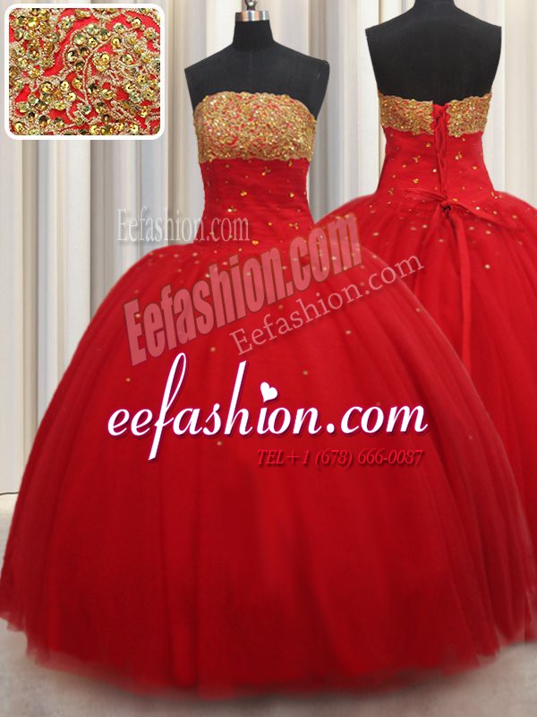  Red Ball Gown Prom Dress Military Ball and Sweet 16 and Quinceanera and For with Beading Strapless Sleeveless Lace Up