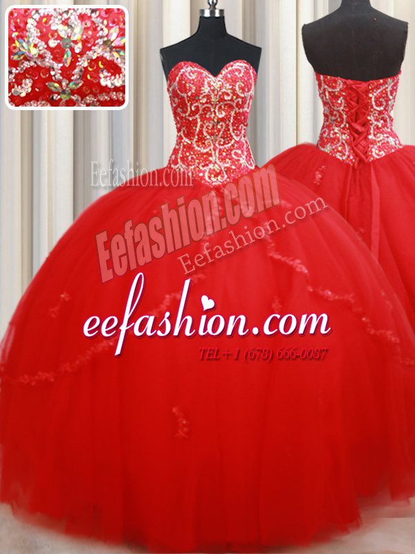  Ball Gowns Quinceanera Gown Red Sweetheart Tulle Sleeveless Floor Length Lace Up