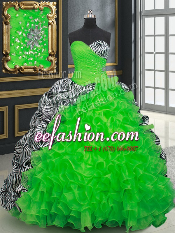 Printed Lace Up Quinceanera Gowns for Military Ball and Sweet 16 and Quinceanera with Beading and Ruffles and Pick Ups Brush Train