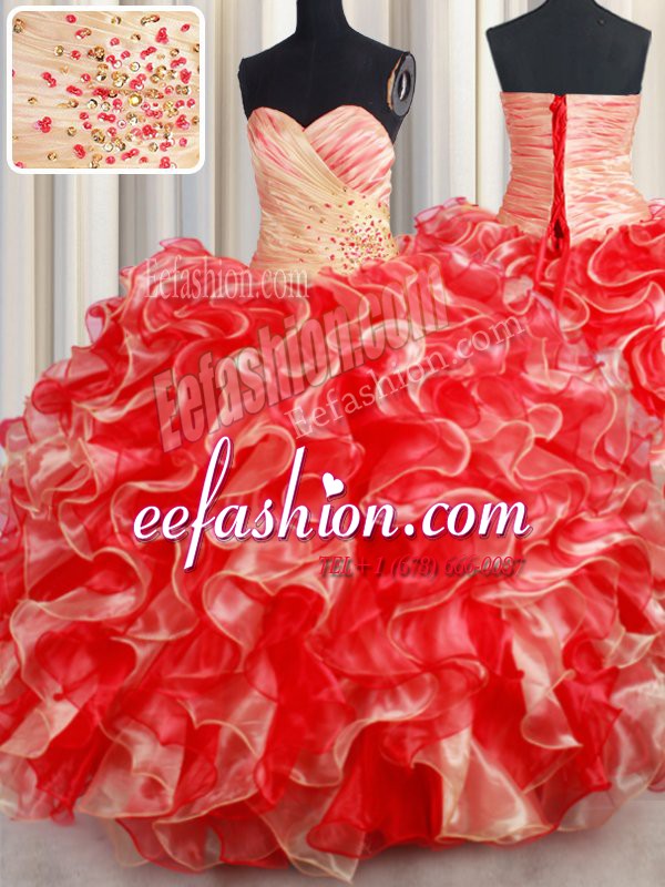  Multi-color Ball Gowns Organza Sweetheart Sleeveless Beading and Ruffles Floor Length Lace Up Quinceanera Gown