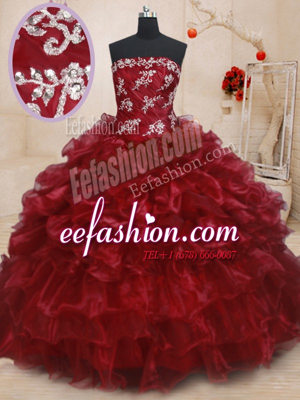 Fancy Burgundy Organza Lace Up Sweet 16 Quinceanera Dress Sleeveless Floor Length Beading and Ruffles and Ruffled Layers
