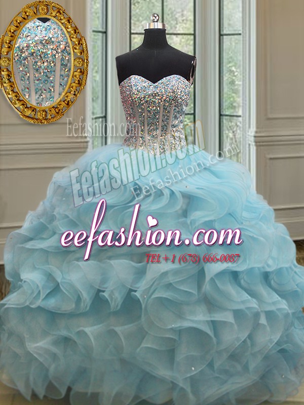 Best Selling Light Blue Sleeveless Floor Length Beading and Ruffles and Sequins Lace Up 15 Quinceanera Dress