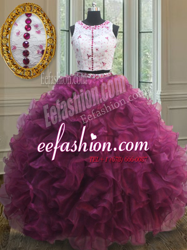  Two Pieces Scoop Sleeveless Quinceanera Dresses Floor Length Beading and Lace and Ruffles Burgundy Organza