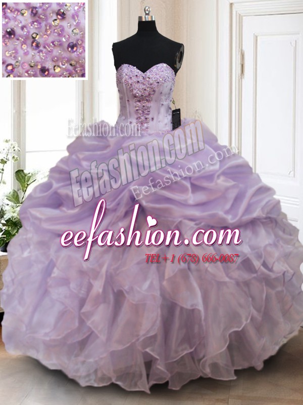  Sleeveless Floor Length Beading and Ruffles Lace Up Sweet 16 Dresses with Lavender