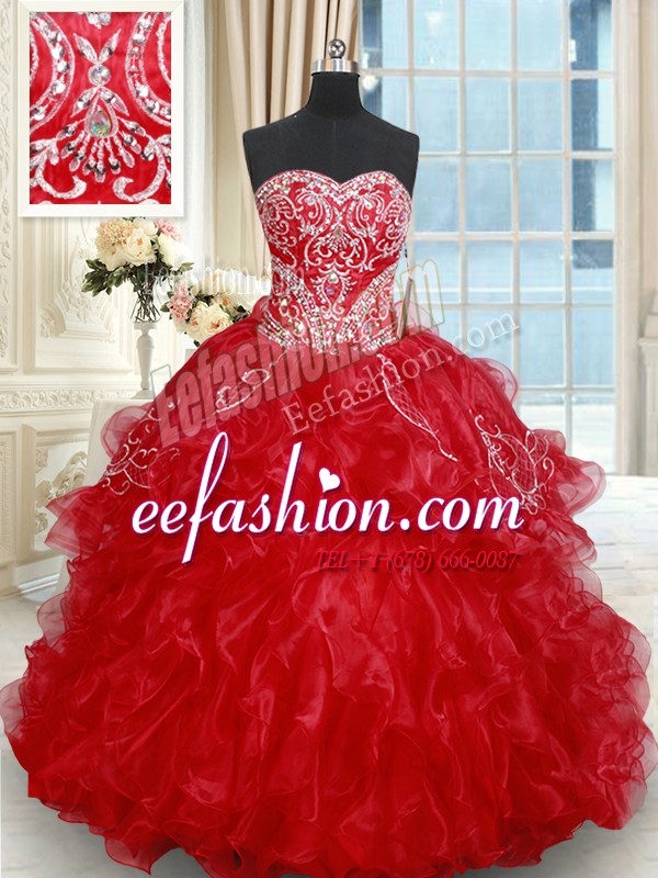 Organza Sweetheart Sleeveless Brush Train Lace Up Beading and Embroidery and Ruffled Layers Ball Gown Prom Dress in Red