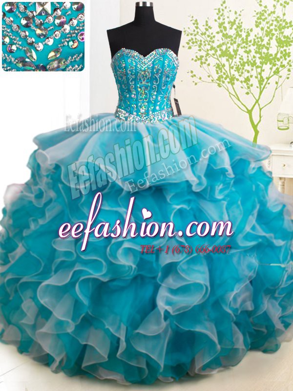  Teal Sleeveless With Train Beading and Ruffles Lace Up Sweet 16 Dress