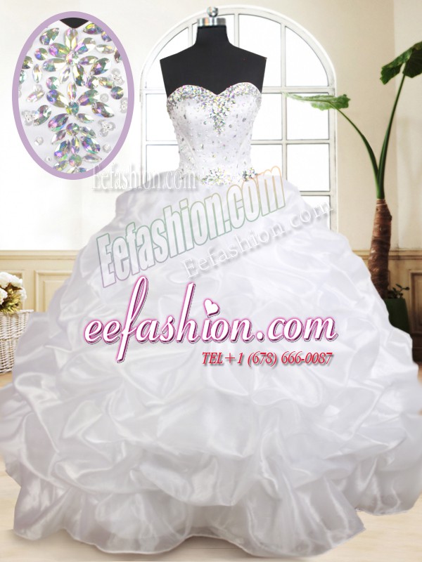  Sleeveless Organza Floor Length Lace Up 15th Birthday Dress in White with Beading and Pick Ups