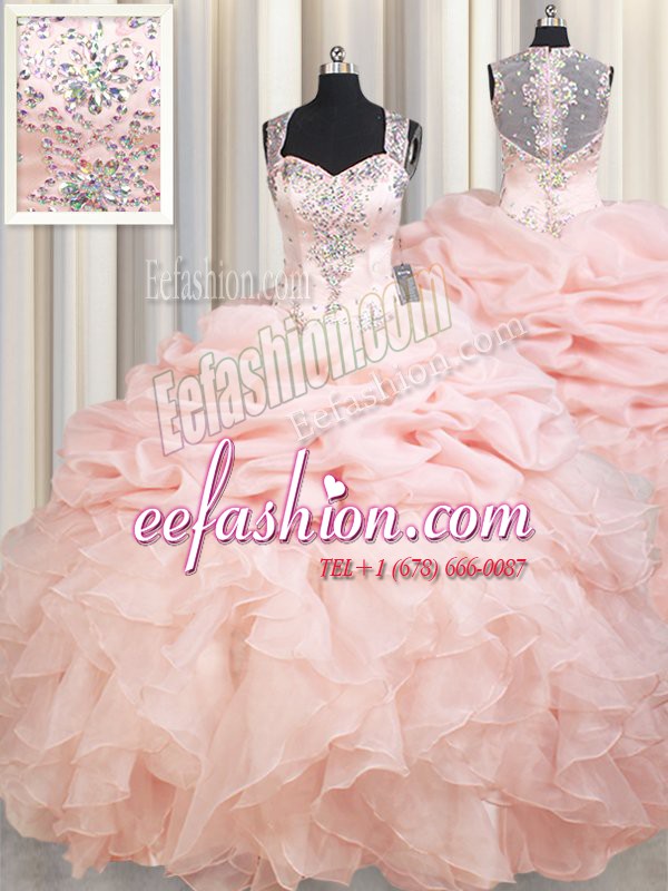 Fashion Pink Ball Gowns Straps Sleeveless Organza Brush Train Zipper Beading and Ruffles and Pick Ups 15 Quinceanera Dress