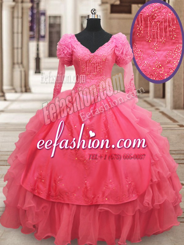Fine Ruffled Ball Gowns Quinceanera Gowns Pink V-neck Organza Half Sleeves Floor Length Zipper