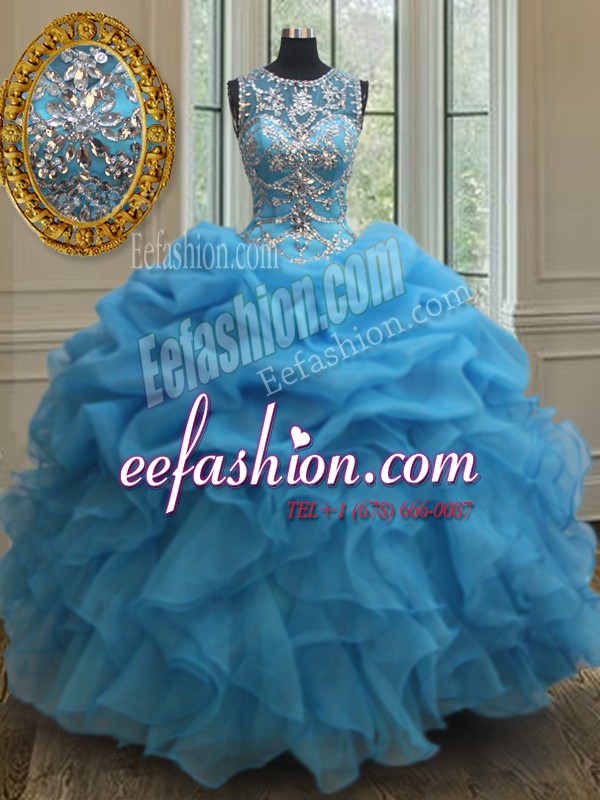 Elegant See Through Baby Blue Scoop Neckline Beading and Ruffles and Pick Ups 15th Birthday Dress Sleeveless Lace Up