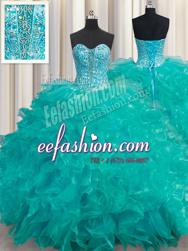  Turquoise Sweet 16 Quinceanera Dress Military Ball and Sweet 16 and Quinceanera and For with Beading and Ruffles Sweetheart Sleeveless Lace Up