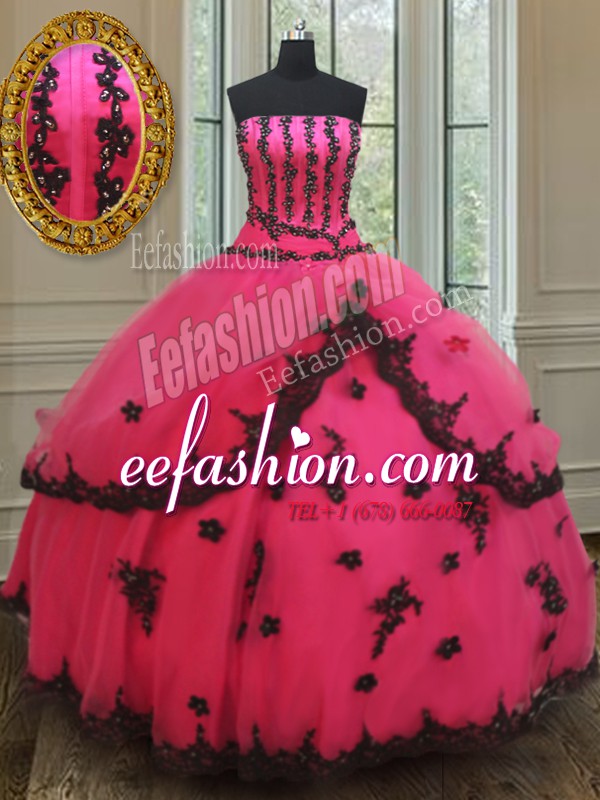 Super Hot Pink Lace Up Sweet 16 Dress Beading and Appliques Sleeveless Floor Length