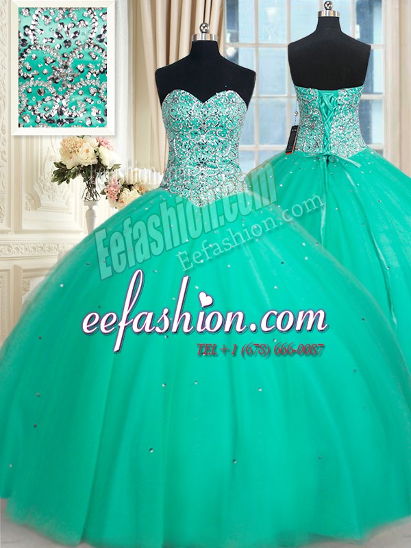 Modest Tulle Sleeveless Floor Length Quince Ball Gowns and Beading