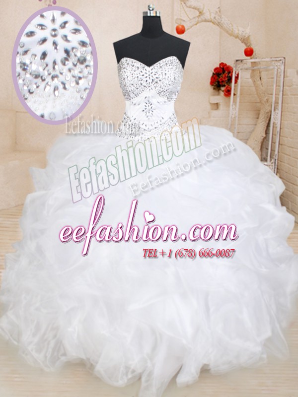  White Ball Gowns Beading and Ruffles Ball Gown Prom Dress Lace Up Organza Sleeveless Floor Length