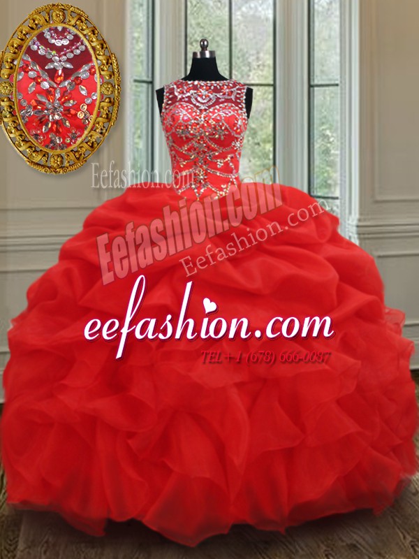 Lovely See Through Red Sleeveless Organza Lace Up Quince Ball Gowns for Military Ball and Sweet 16 and Quinceanera