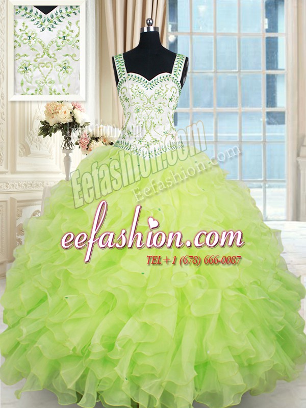 Gorgeous Yellow Green Ball Gowns Straps Sleeveless Organza Floor Length Lace Up Beading and Ruffles Quinceanera Dress