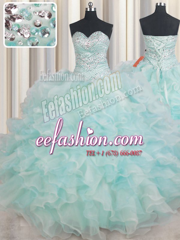 Trendy Light Blue Organza Lace Up Sweetheart Sleeveless Floor Length Quinceanera Dresses Beading and Ruffles