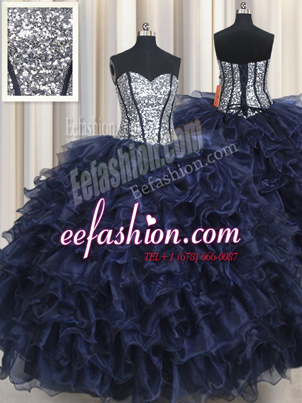 Deluxe Navy Blue Lace Up Sweetheart Ruffled Layers and Sequins Vestidos de Quinceanera Organza Sleeveless
