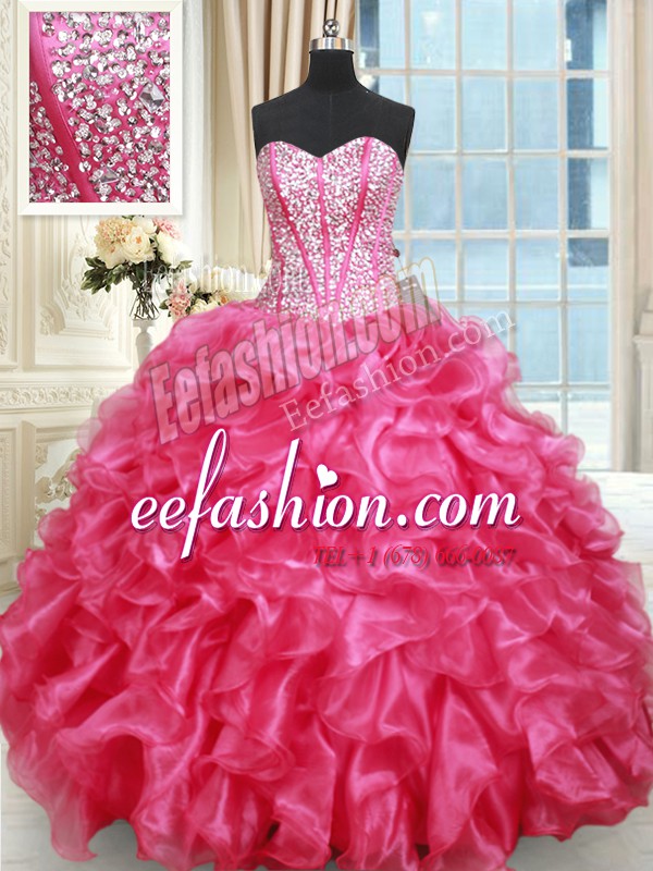 Hot Selling Hot Pink Ball Gowns Sweetheart Sleeveless Organza Floor Length Lace Up Beading and Ruffled Layers Quince Ball Gowns