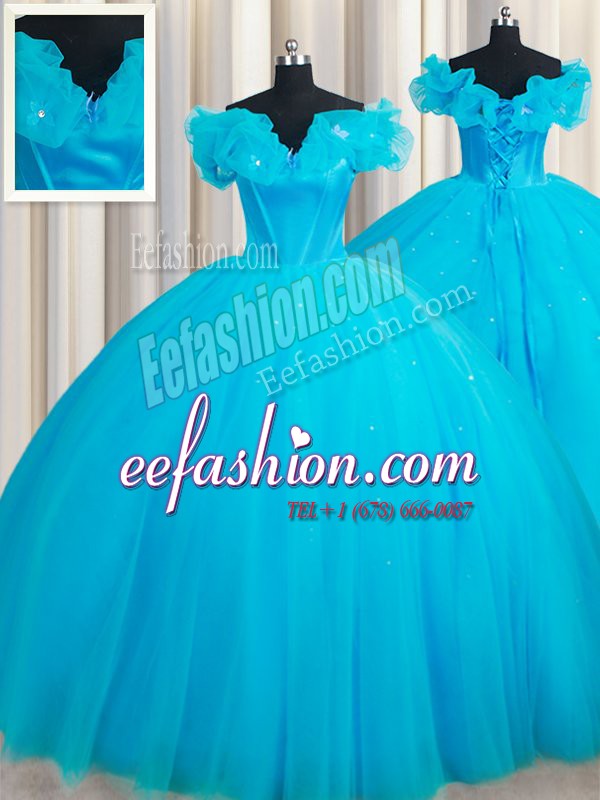 Simple Off the Shoulder Hand Made Flower 15 Quinceanera Dress Baby Blue Lace Up Sleeveless Court Train