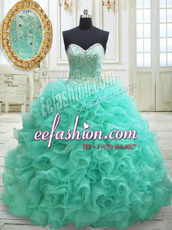  Sleeveless Brush Train Beading and Ruffles Lace Up Ball Gown Prom Dress