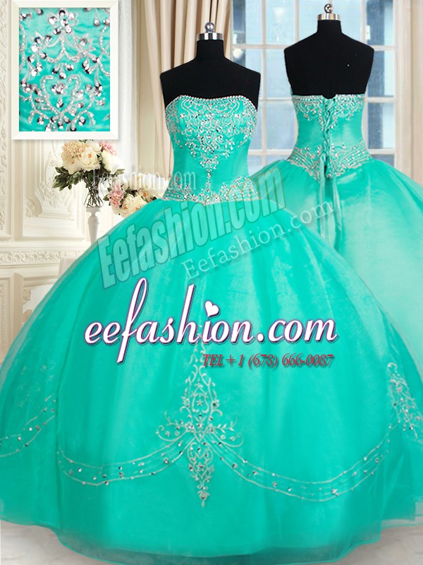 Flare Strapless Sleeveless 15 Quinceanera Dress Floor Length Beading and Appliques Turquoise Organza