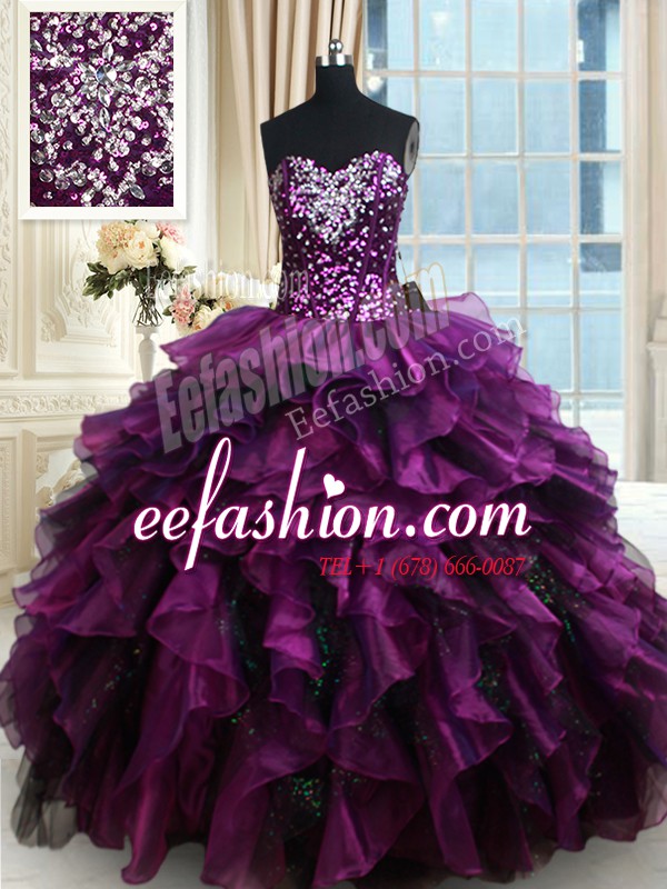 Dramatic Purple Sleeveless Beading and Ruffles and Ruffled Layers and Sequins Floor Length Quince Ball Gowns