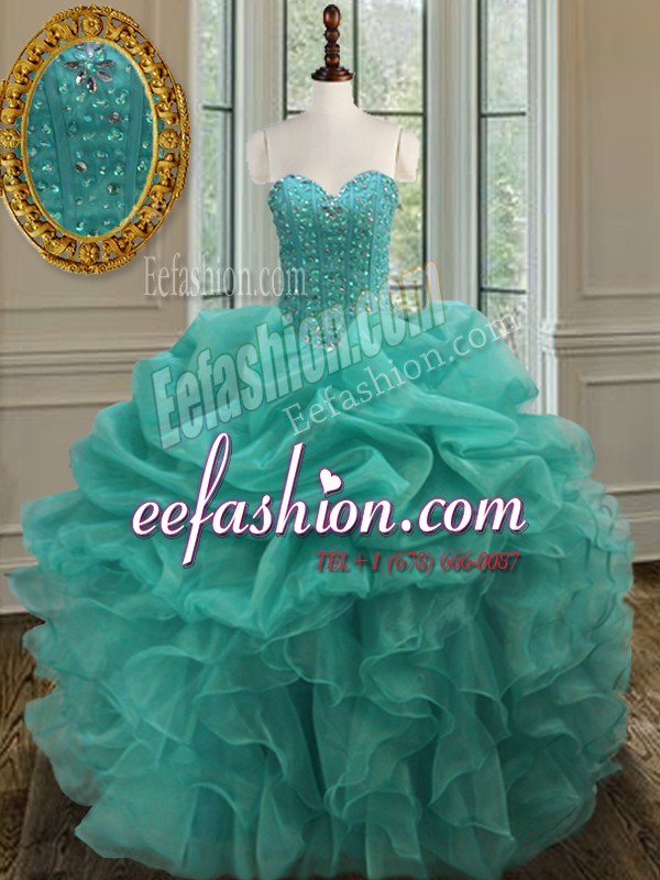  Pick Ups Ball Gowns Vestidos de Quinceanera Turquoise Sweetheart Organza Sleeveless Floor Length Lace Up